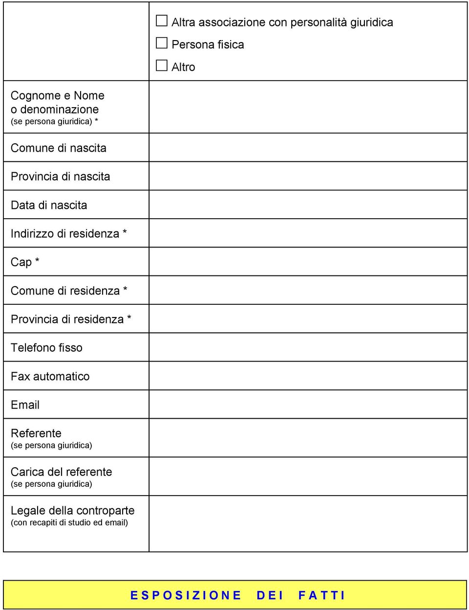 di residenza * Telefono fisso Fax automatico Email Referente (se persona giuridica) Carica del referente (se