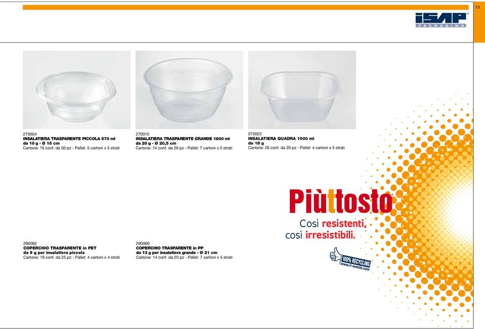 da 20 pz - Pallet: 7 cartoni x 5 strati 270023 INSALATIERA QUADRA 1000 ml da 18 g Cartone: 26 conf.