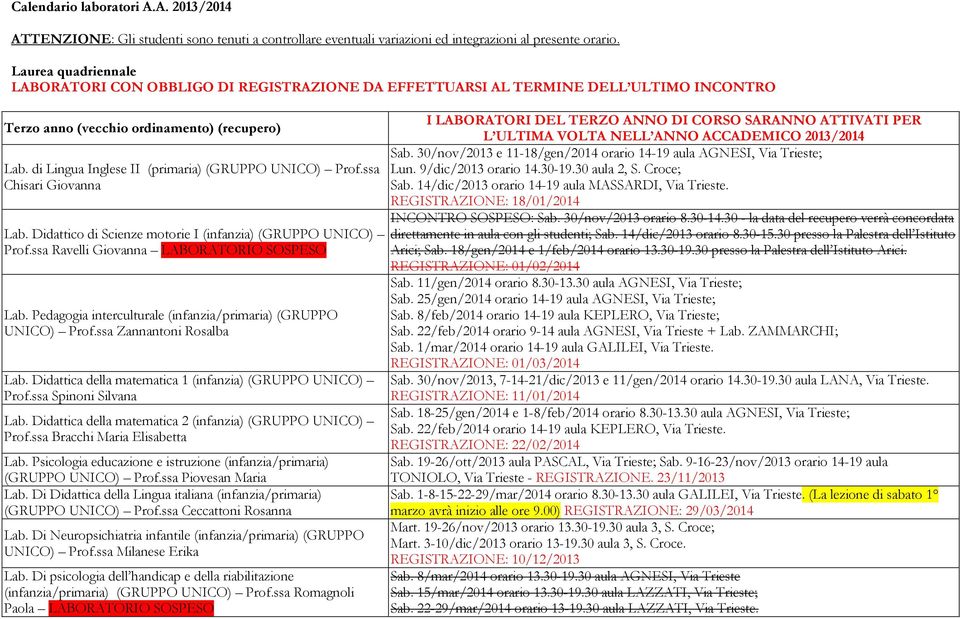 di Lingua Inglese II (primaria) (GRUPPO UNICO) Prof.ssa Chisari Giovanna Lab. Didattico di Scienze motorie I (infanzia) (GRUPPO UNICO) Prof.ssa Ravelli Giovanna LABORATORIO SOSPESO Lab.