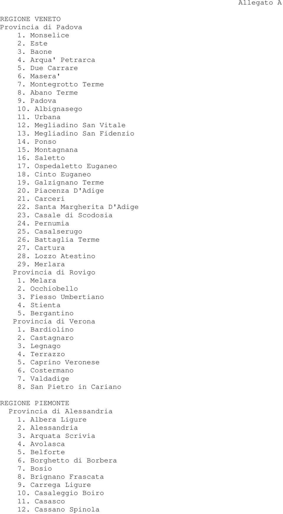 Santa Margherita D'Adige 23. Casale di Scodosia 24. Pernumia 25. Casalserugo 26. Battaglia Terme 27. Cartura 28. Lozzo Atestino 29. Merlara Provincia di Rovigo 1. Melara 2. Occhiobello 3.