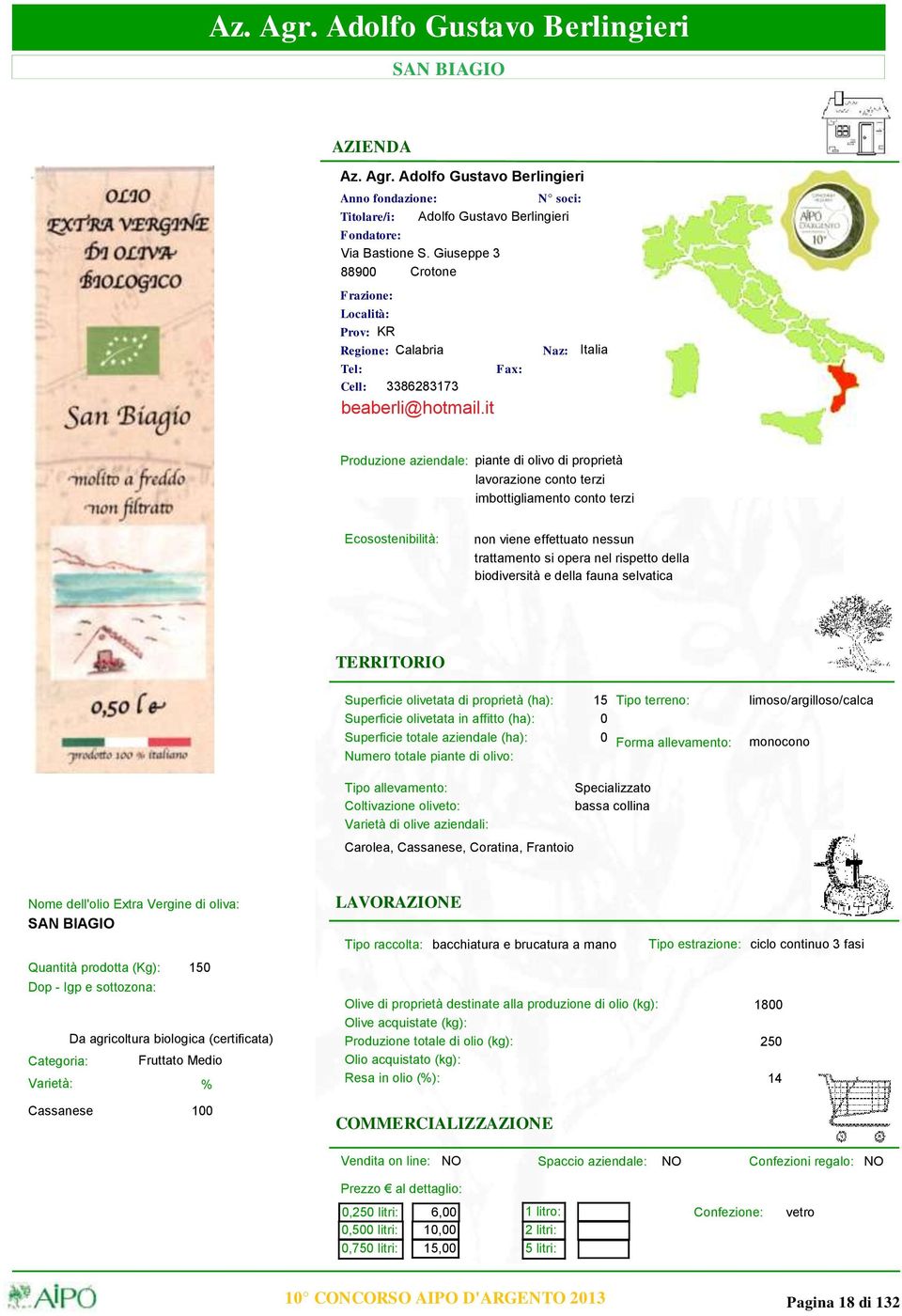 it Fax: lavorazione conto terzi imbottigliamento conto terzi non viene effettuato nessun trattamento si opera nel rispetto della biodiversità e della fauna selvatica Superficie olivetata di proprietà