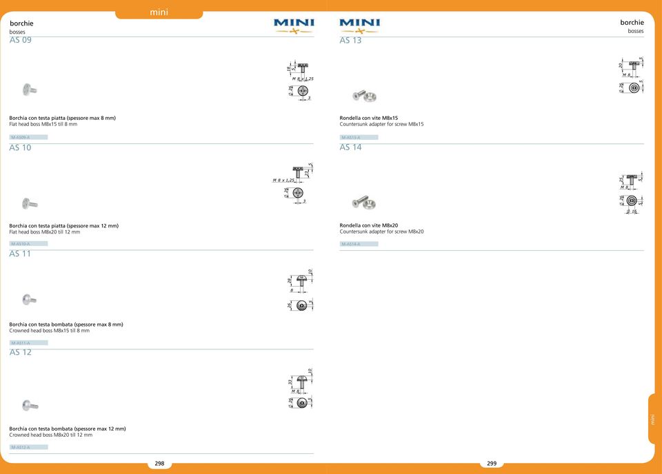 till 12 mm Rondella con vite M8x20 Countersunk adapter for screw M8x20 M-AS10-A AS 11 M-AS14-A Borchia con testa bombata (spessore max 8 mm)