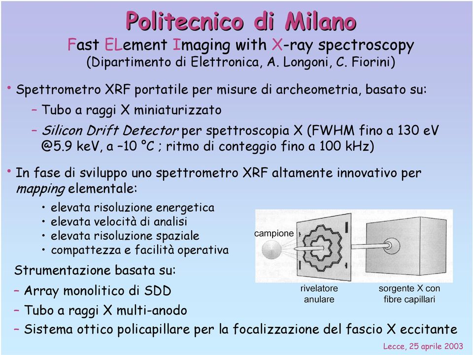 9 kev, a 10 C ; ritmo di conteggio fino a 100 khz) In fase di sviluppo uno spettrometro XRF altamente innovativo per mapping elementale: elevata risoluzione energetica elevata velocità di