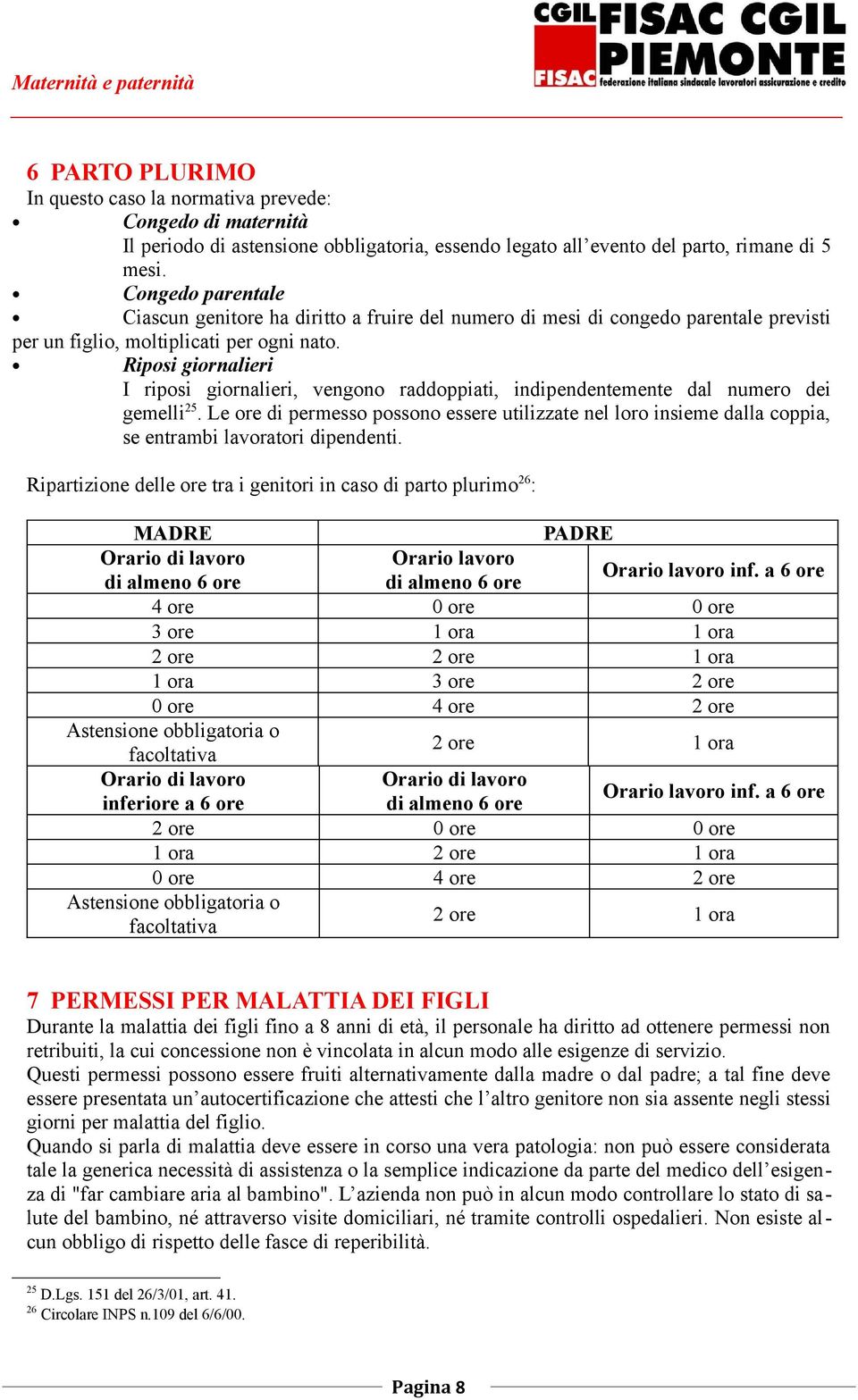 Riposi giornalieri I riposi giornalieri, vengono raddoppiati, indipendentemente dal numero dei gemelli 25.