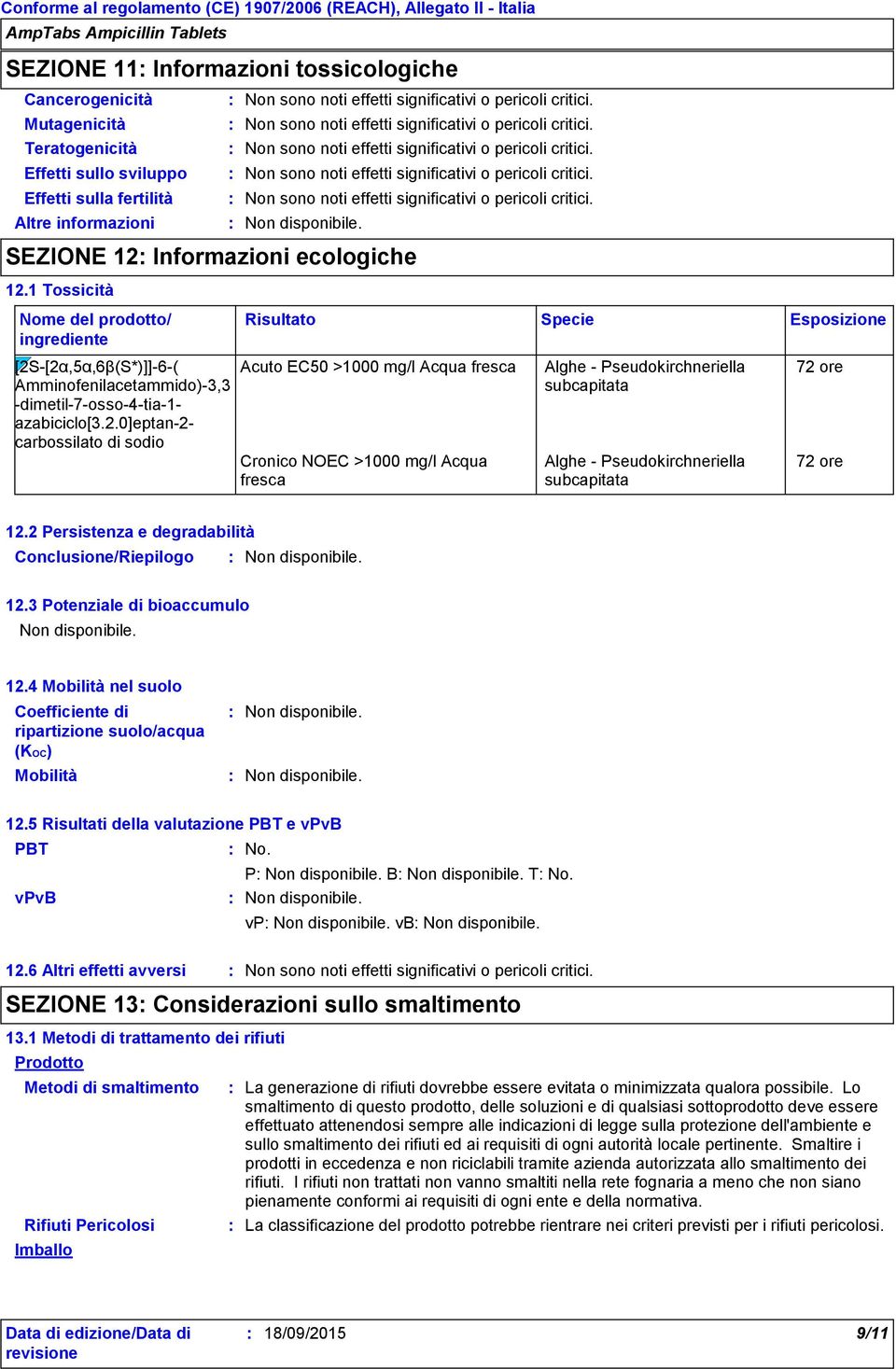 Effetti sulla fertilità Non sono noti effetti significativi o pericoli critici. Altre informazioni SEZIONE 12 Informazioni ecologiche 12.