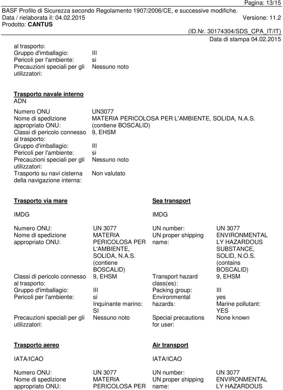 interna: UN3077 MATERIA PERICOLOSA