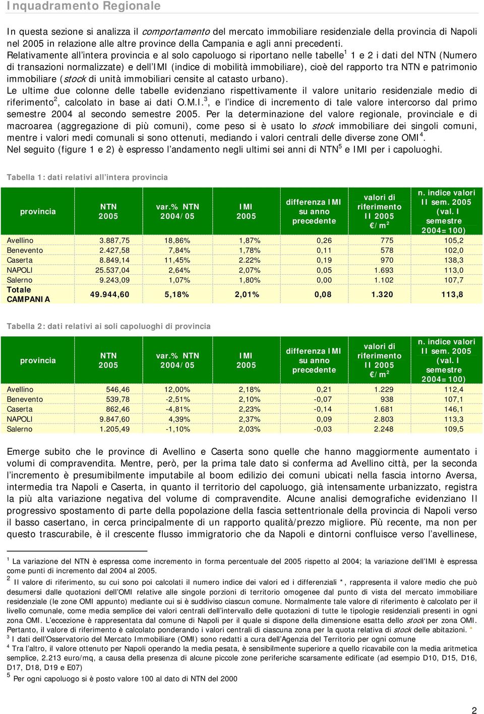 Relativamente all intera provincia e al solo capoluogo si riportano nelle tabelle 1 1 e 2 i dati del (Numero di transazioni normalizzate) e dell IMI (indice di mobilità immobiliare), cioè del