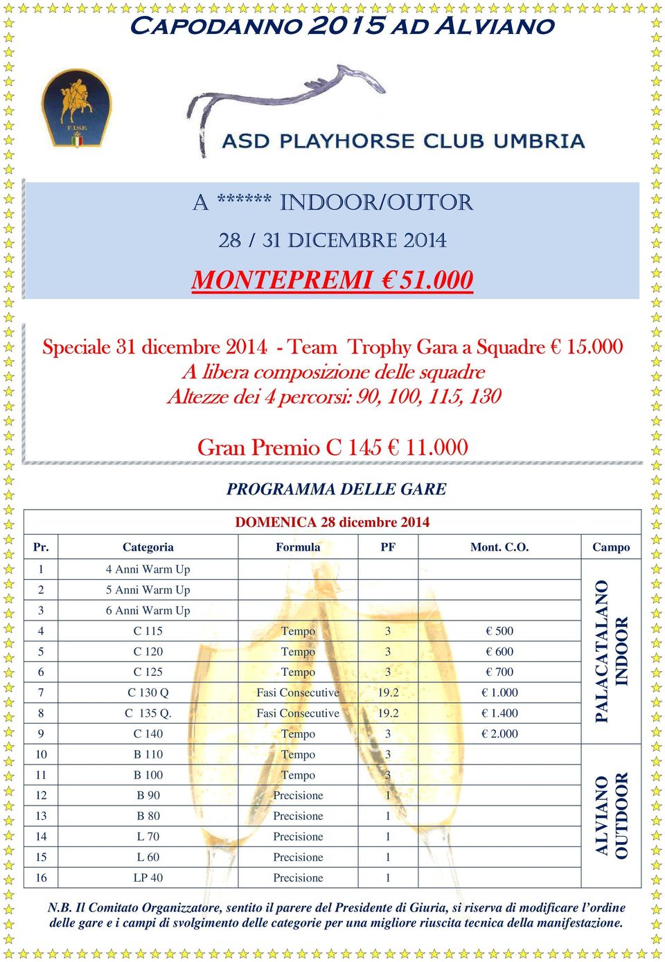 000 PROGRAMMA DELLE GARE DOMENICA 28 dicembre 2014 1 4 Anni Warm Up 2 5 Anni Warm Up 3 6 Anni Warm Up 4 C 115 5 C 120 6 C 125 7 C 130 Q 8 C 135 Q.