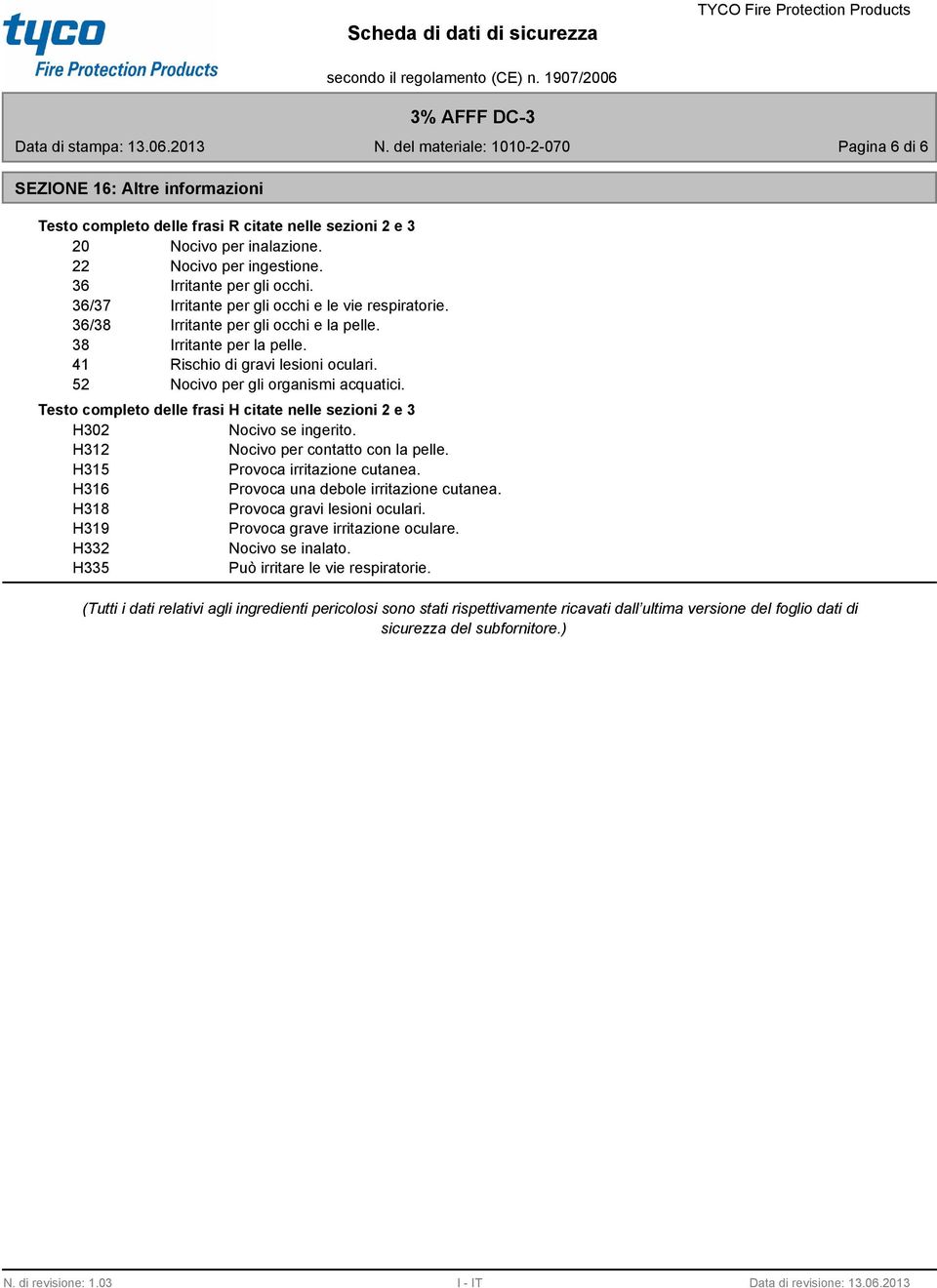 Testo completo delle frasi H citate nelle sezioni 2 e 3 H302 Nocivo se ingerito. H312 Nocivo per contatto con la pelle. H315 Provoca irritazione cutanea. H316 Provoca una debole irritazione cutanea.