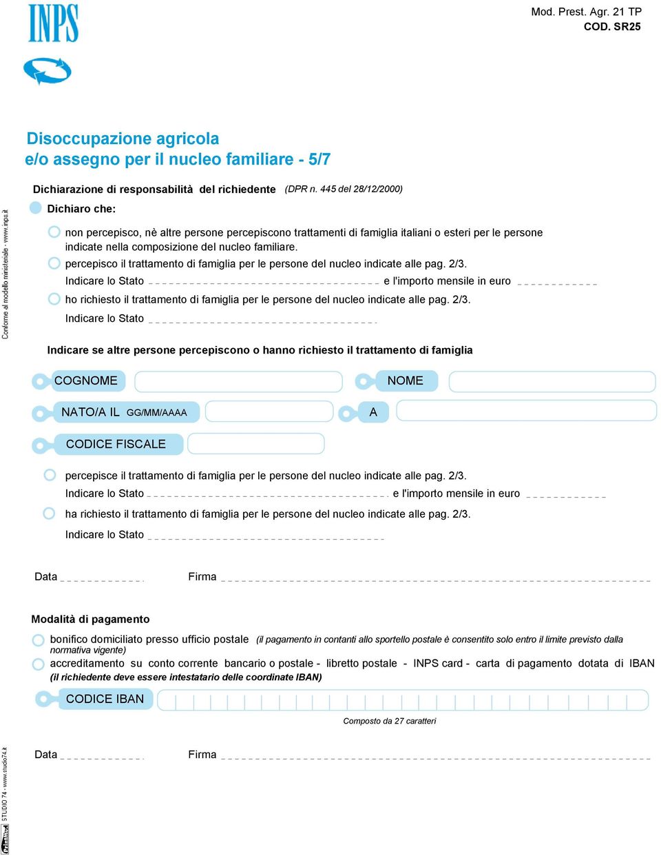 percepisco il trattamento di famiglia per le persone del nucleo indicate le pag. 2/3.