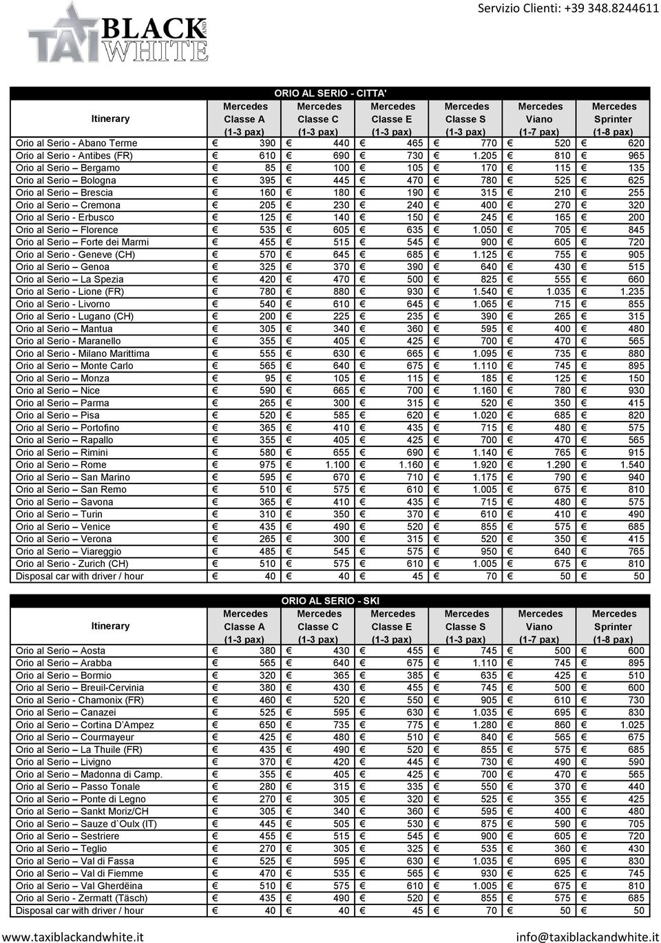 540 Orio al Serio - Lugano (CH) 200 Orio al Serio Mantua 305 Orio al Serio - Maranello 355 Orio al Serio - Milano Marittima 555 Orio al Serio Monte Carlo 565 Orio al Serio Monza 95 Orio al Serio Nice