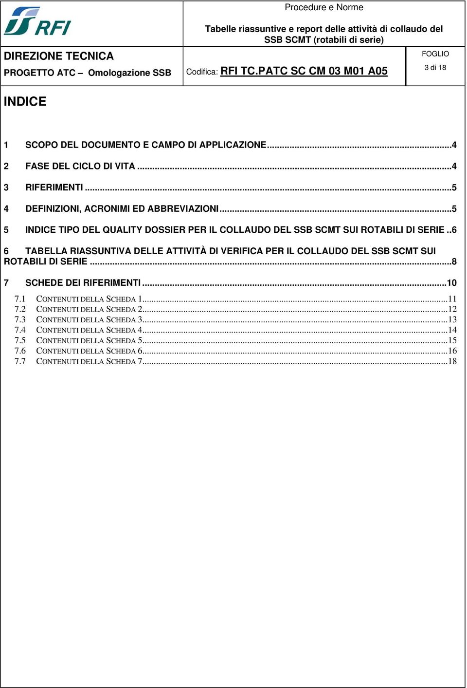 . 6 6 TABELLA RIASSUNTIVA DELLE ATTIVITÀ DI VERIFICA PER IL COLLAUDO DEL SSB SCMT SUI ROTABILI DI SERIE... 8 7 SCHEDE DEI RIFERIMENTI... 10 7.