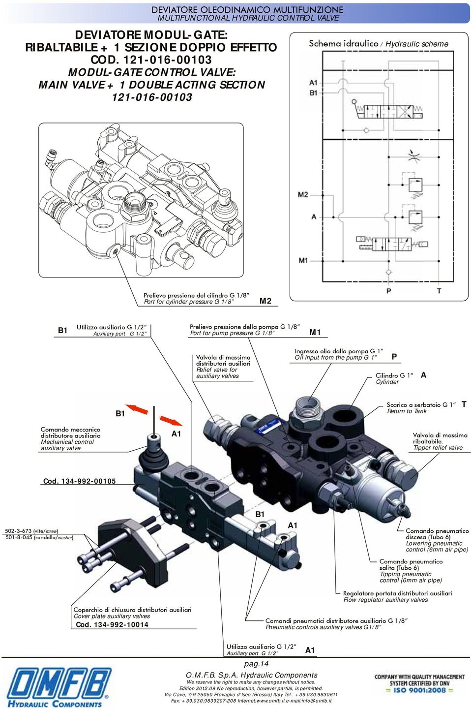 M2 Prelievo pressione della pompa G 1/8 Port for pump pressure G 1/8 M1 Valvola di massima distributori ausiliari Relief valve for auxiliary valves Ingresso olio dalla pompa G 1 Oil input from the