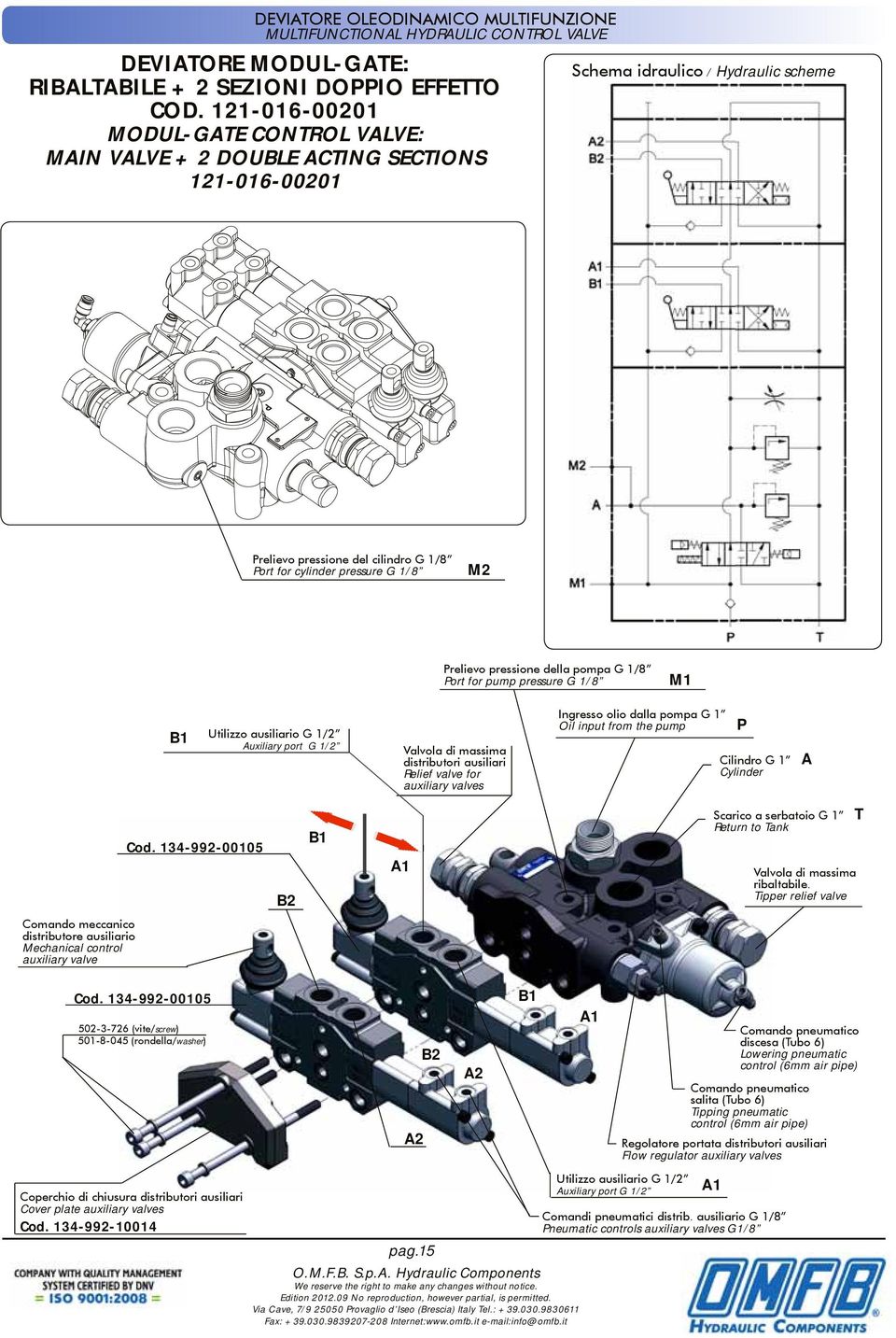 M2 Prelievo pressione della pompa G 1/8 Port for pump pressure G 1/8 M1 Valvola di massima distributori ausiliari Relief valve for auxiliary valves Ingresso olio dalla pompa G 1 Oil input from the