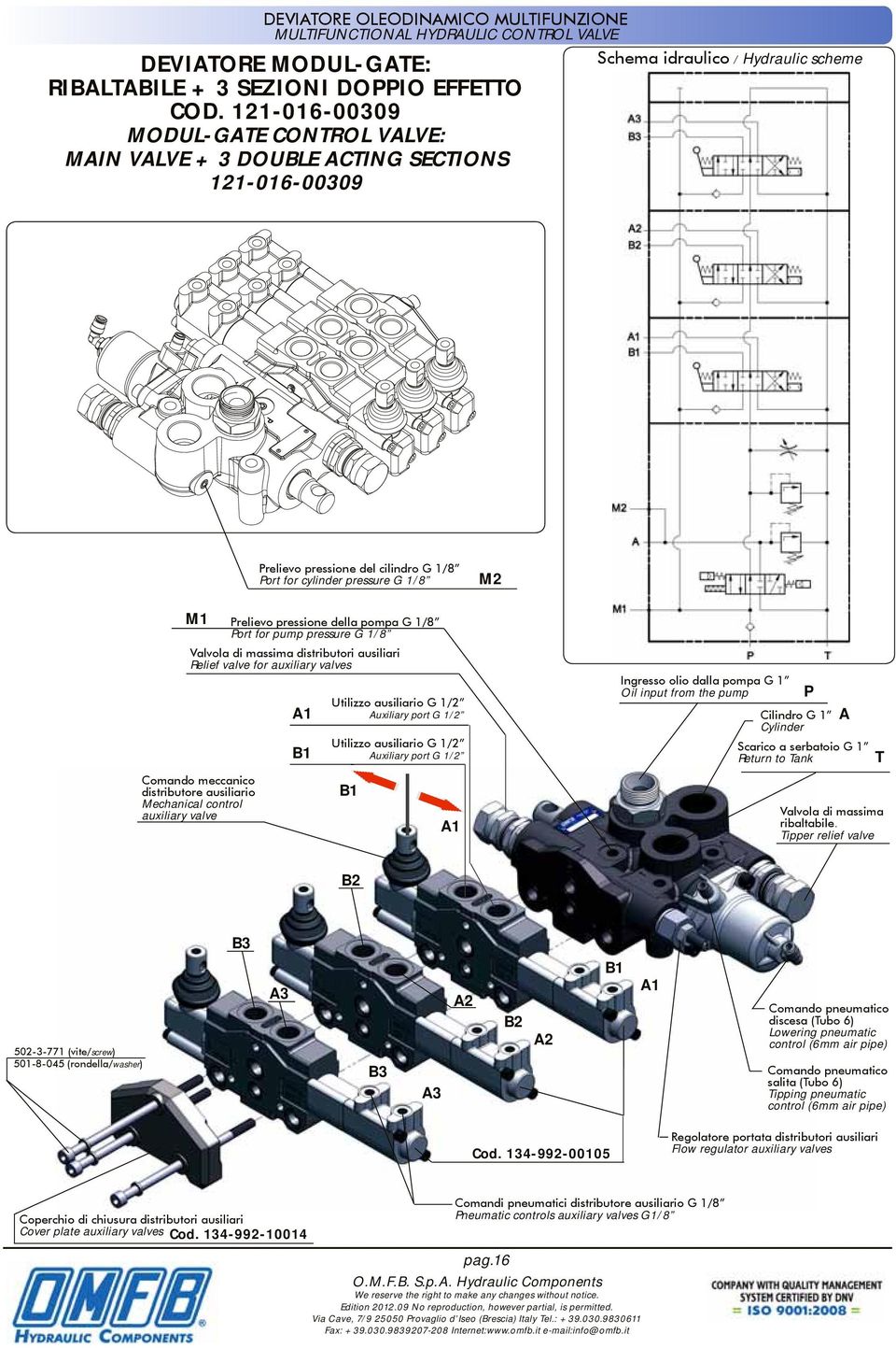 M2 M1 Prelievo pressione della pompa G 1/8 Port for pump pressure G 1/8 Valvola di massima distributori ausiliari Relief valve for auxiliary valves Comando meccanico distributore ausiliario