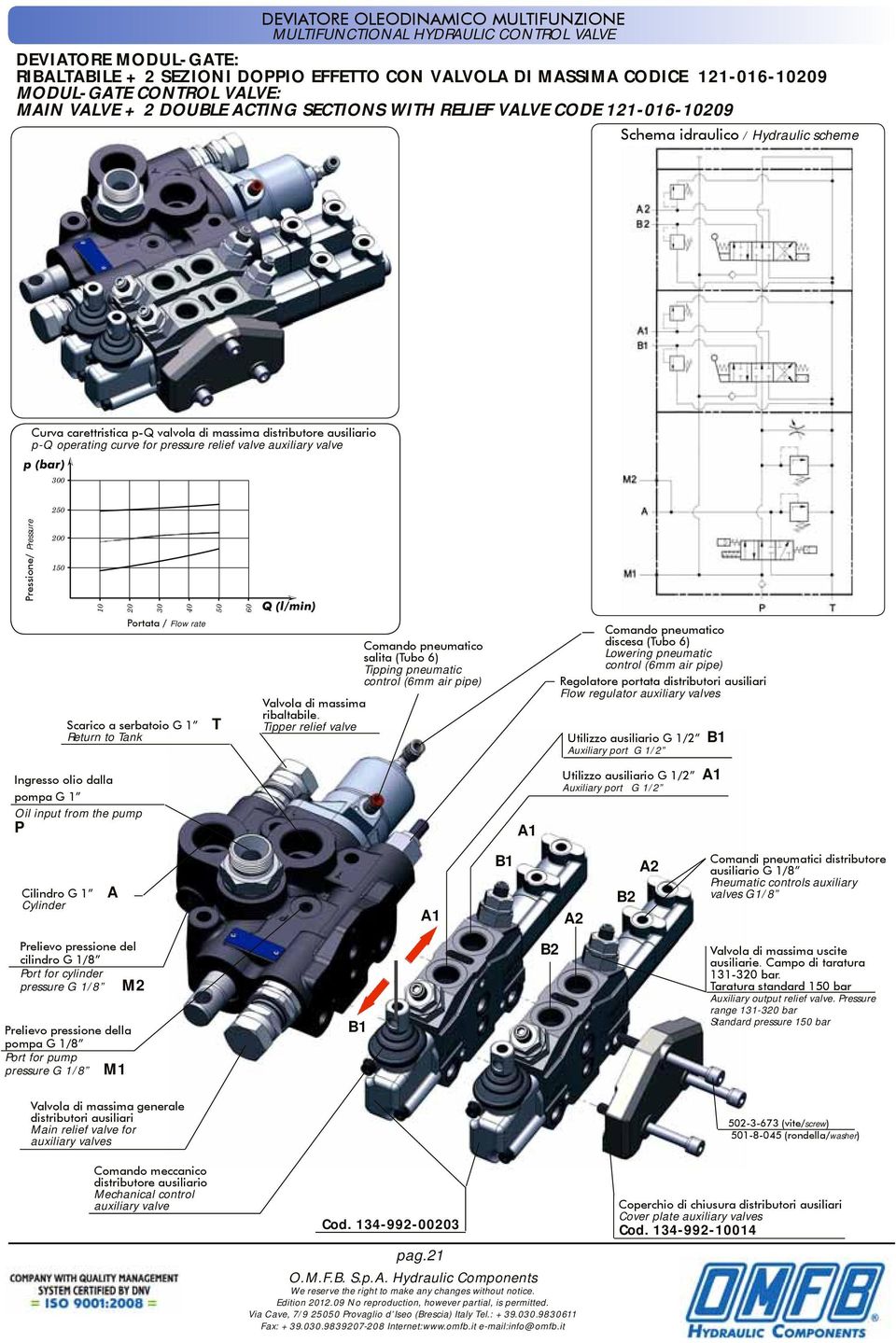 operating curve for pressure relief valve auxiliary valve p (bar) 300 250 Pressione/ Pressure 200 150 10 20 30 40 50 60 Q (l/min) Portata / Flow rate Scarico a serbatoio G 1 Return to Tank T Valvola