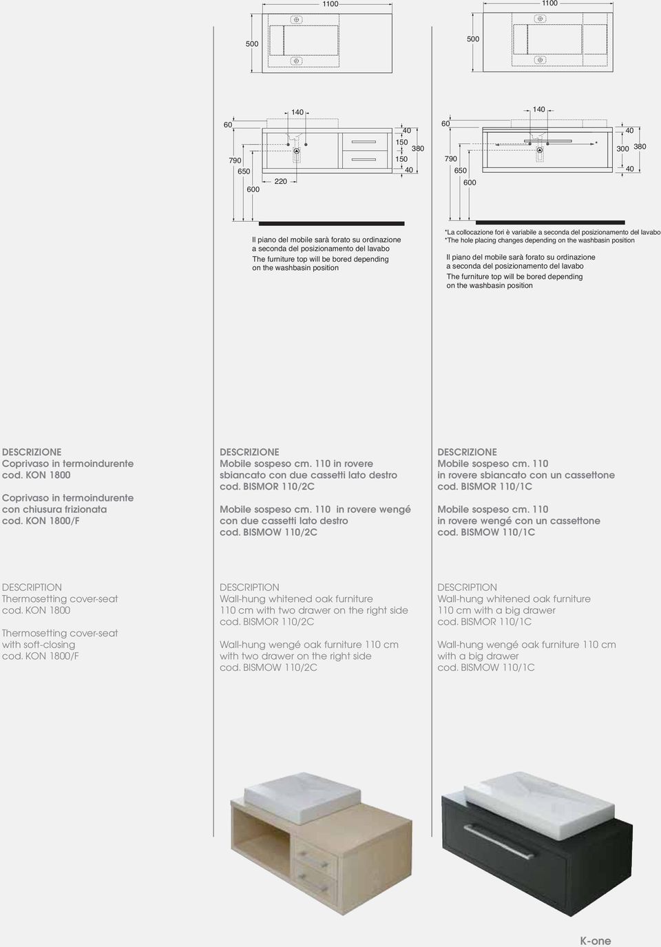 mobile sarà forato su ordinazione a seconda del posizionamento del lavabo The furniture top will be bored depending on the washbasin position Coprivaso in termoindurente cod.