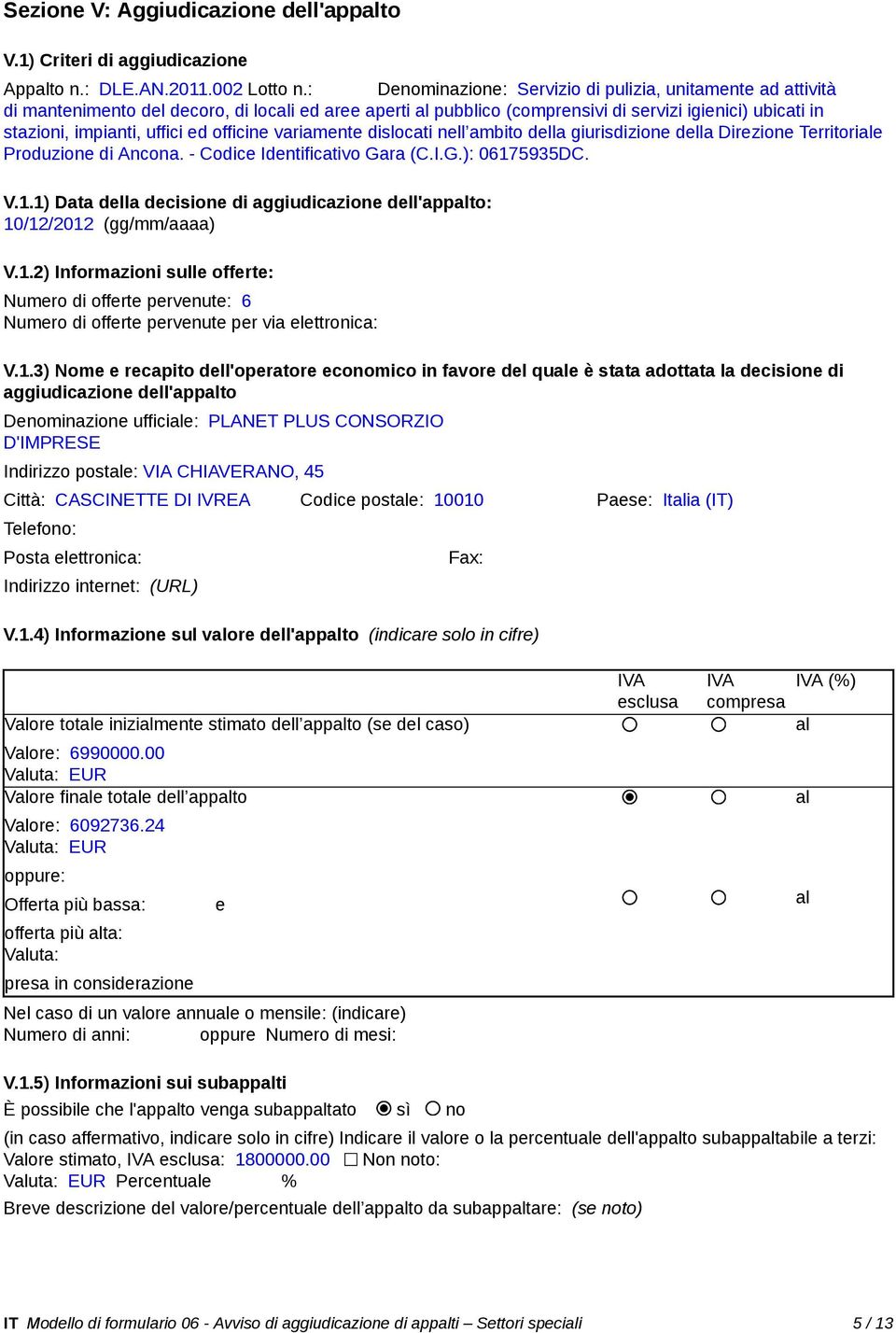 ed officine variamente dislocati nell ambito della giurisdizione della Direzione Territoriale Produzione di Ancona. - Codice Identificativo Gara (C.I.G.): 0617