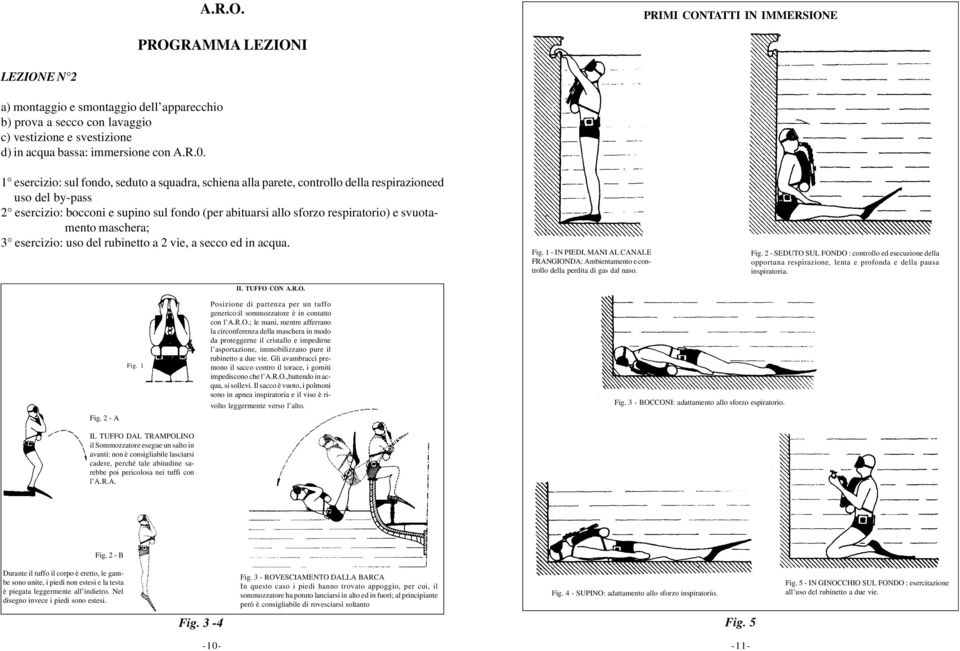 1 esercizio: sul fondo, seduto a squadra, schiena alla parete, controllo della respirazioneed uso del by-pass 2 esercizio: bocconi e supino sul fondo (per abituarsi allo sforzo respiratorio) e