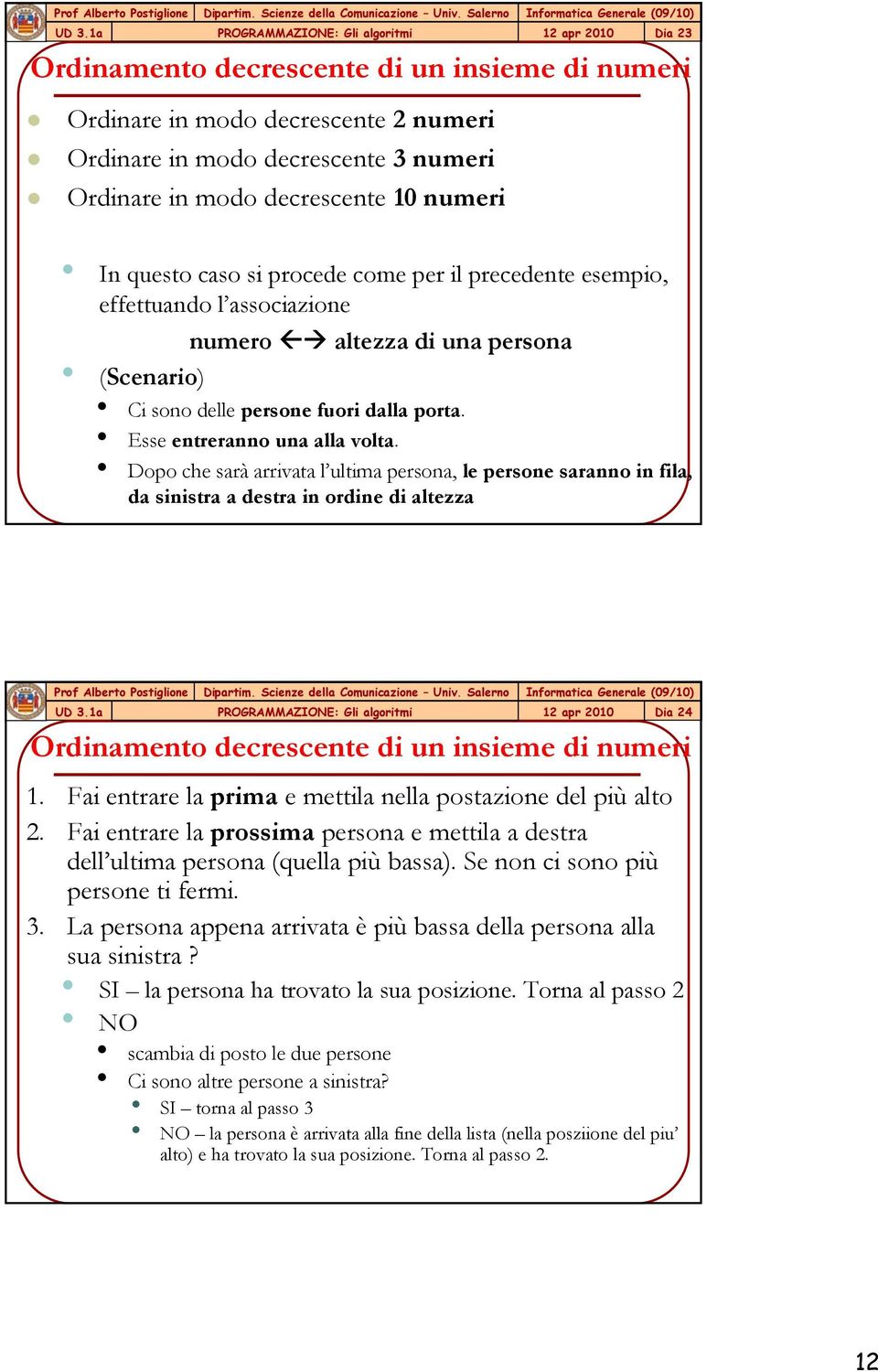 Dopo che sarà arrivata l ultima persona, le persone saranno in fila, da sinistra a destra in ordine di altezza 12 apr 2010 Dia 24 Ordinamento decrescente di un insieme di numeri 1.