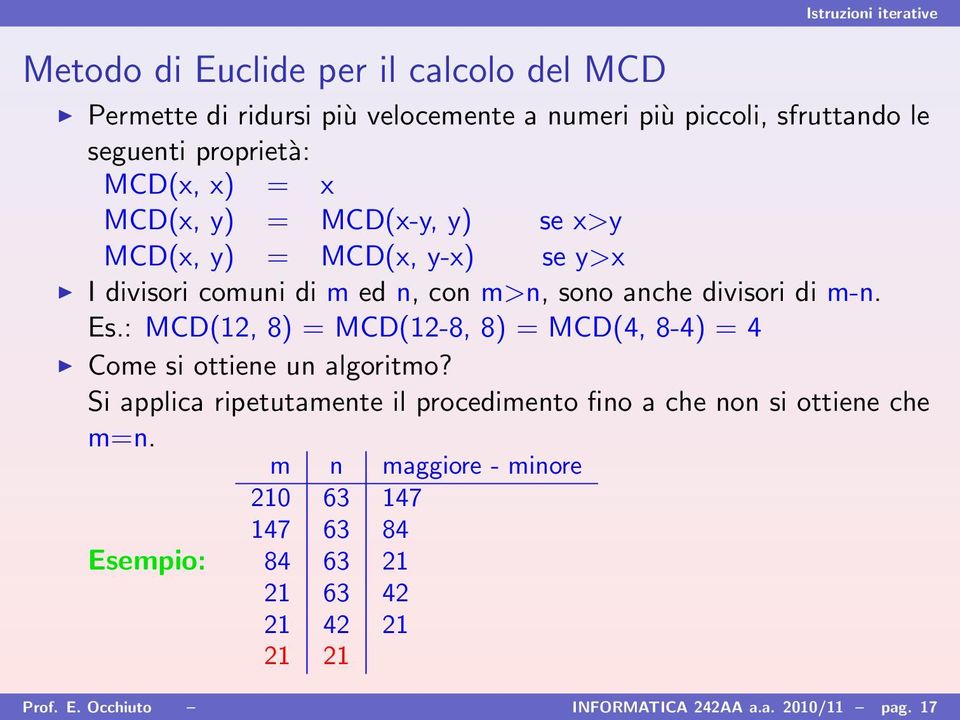 : MCD(12, 8) = MCD(12-8, 8) = MCD(4, 8-4) = 4 Come si ottiene un algoritmo?