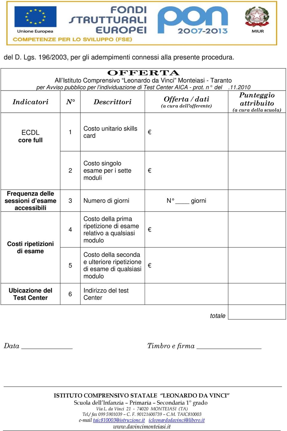 2010 Indicatori N Descrittori Offerta / dati (a cura dell offerente) Punteggio attribuito (a cura della scuola) ECDL core full 1 Costo unitario skills card 2 Costo singolo esame per i