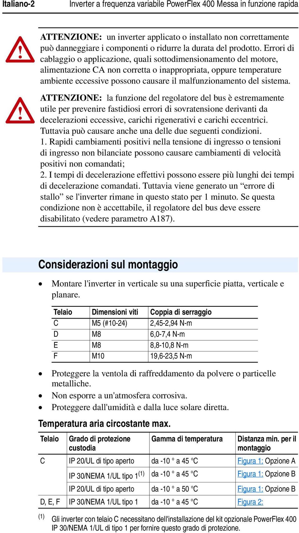 Errori di cablaggio o applicazione, quali sottodimensionamento del motore, alimentazione CA non corretta o inappropriata, oppure temperature ambiente eccessive possono causare il malfunzionamento del