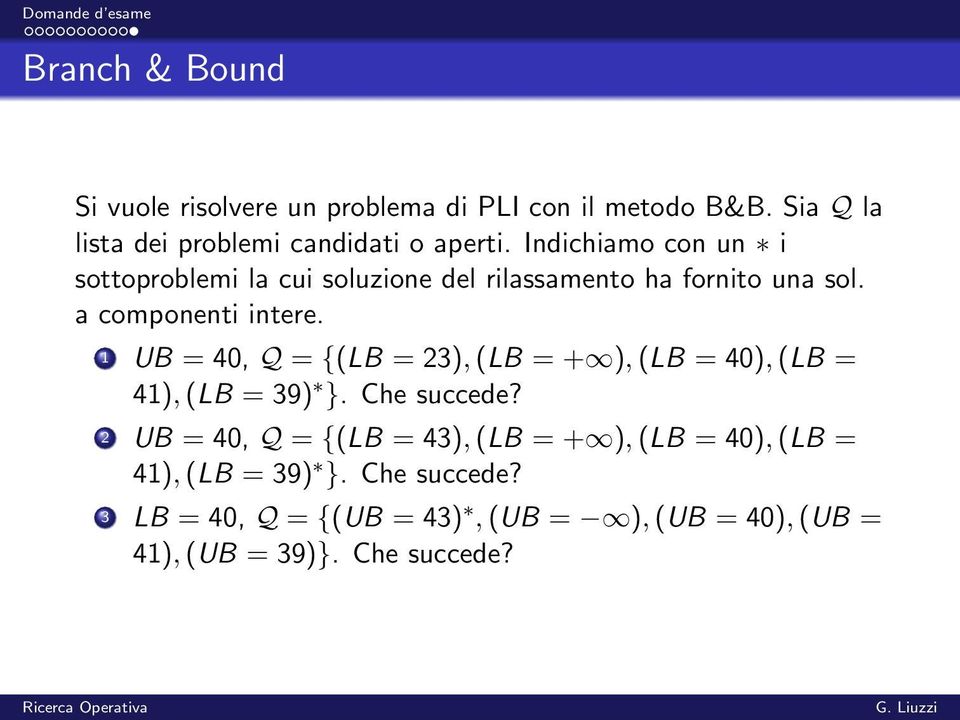 1 UB = 40, Q = {(LB = 23), (LB = + ), (LB = 40), (LB = 41), (LB = 39) }. Che succede?