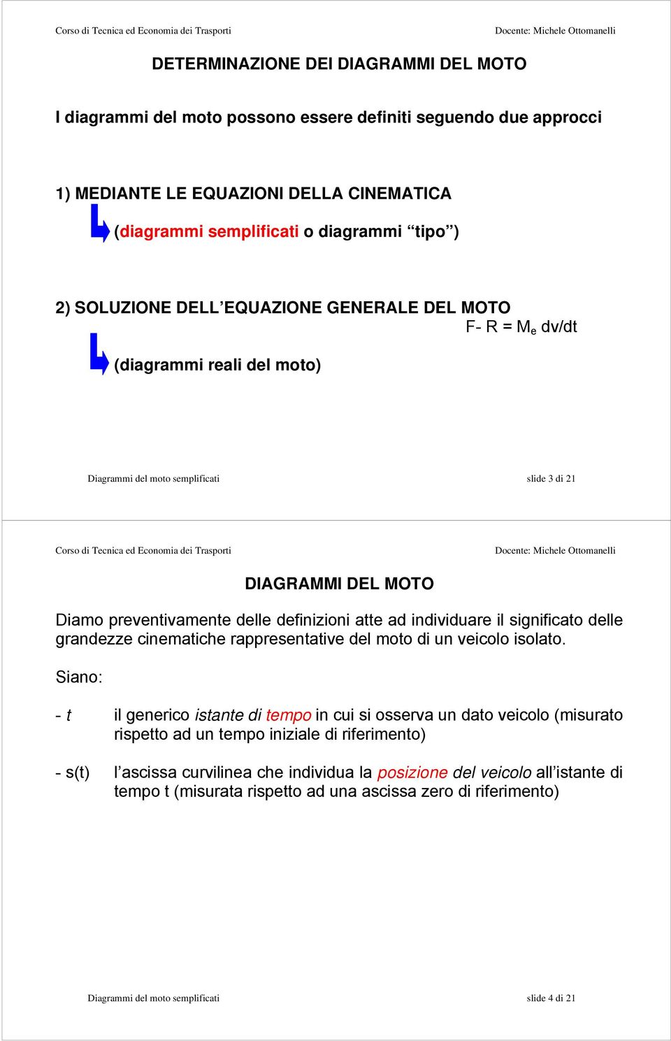 individuare il significato delle grandezze cinematiche rappresentative del moto di un veicolo isolato.