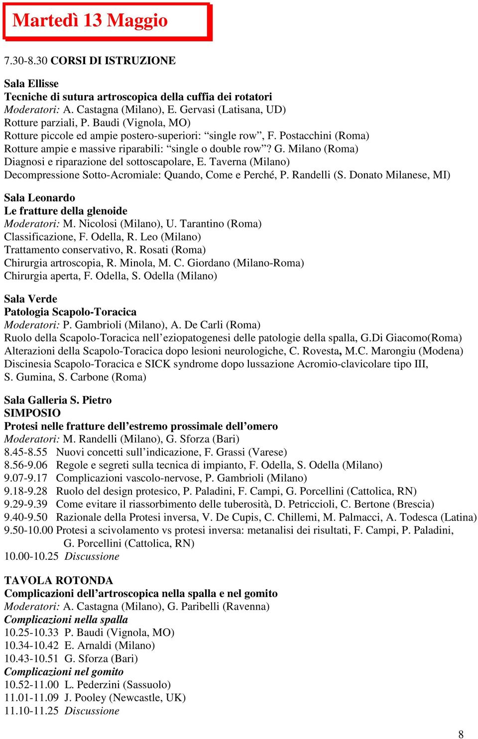 Milano (Roma) Diagnosi e riparazione del sottoscapolare, E. Taverna (Milano) Decompressione Sotto-Acromiale: Quando, Come e Perché, P. Randelli (S.