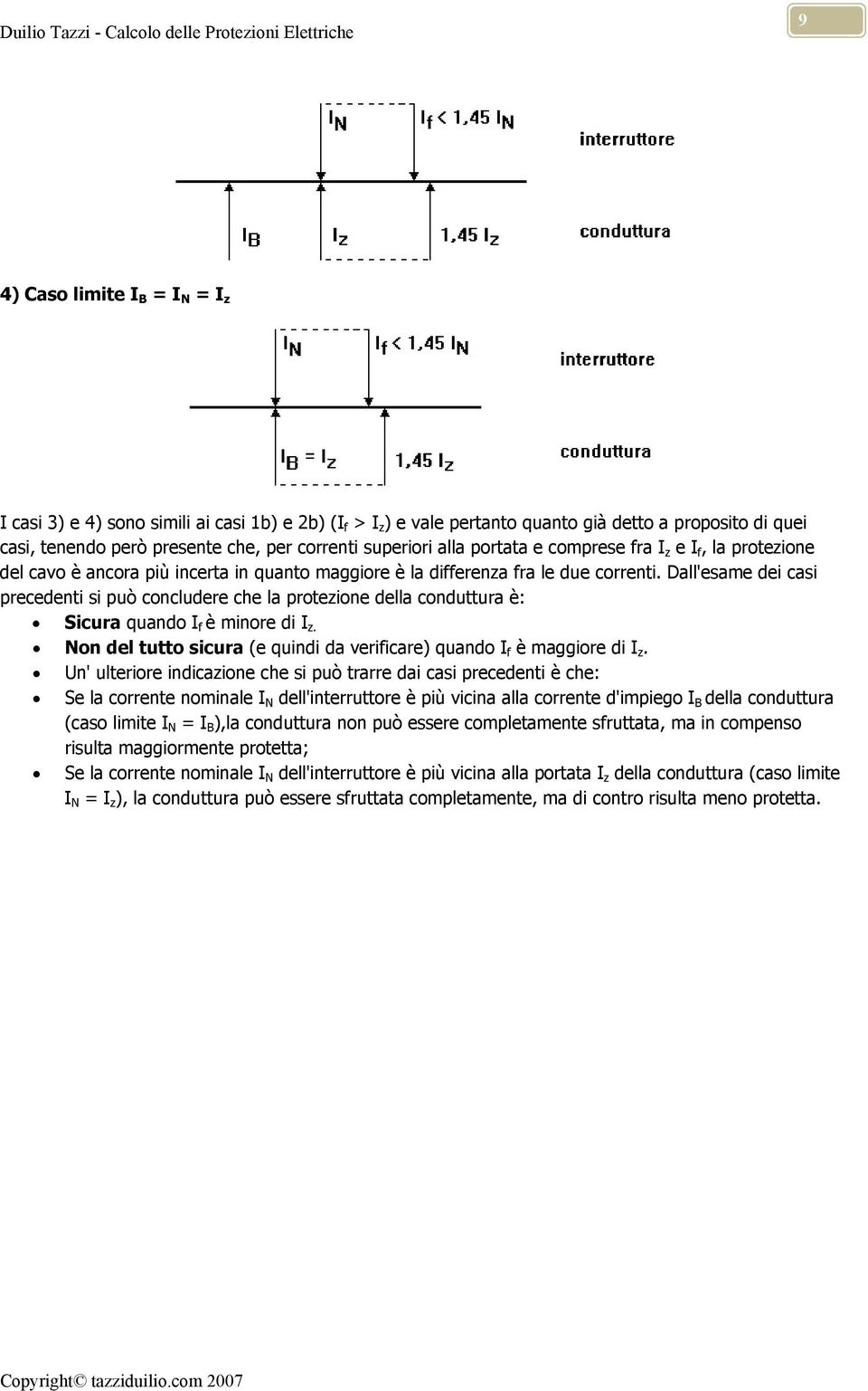 Dall'esame dei casi precedenti si può concludere che la protezione della conduttura è: Sicura quando I f è minore di I z. Non del tutto sicura (e quindi da verificare) quando I f è maggiore di I z.