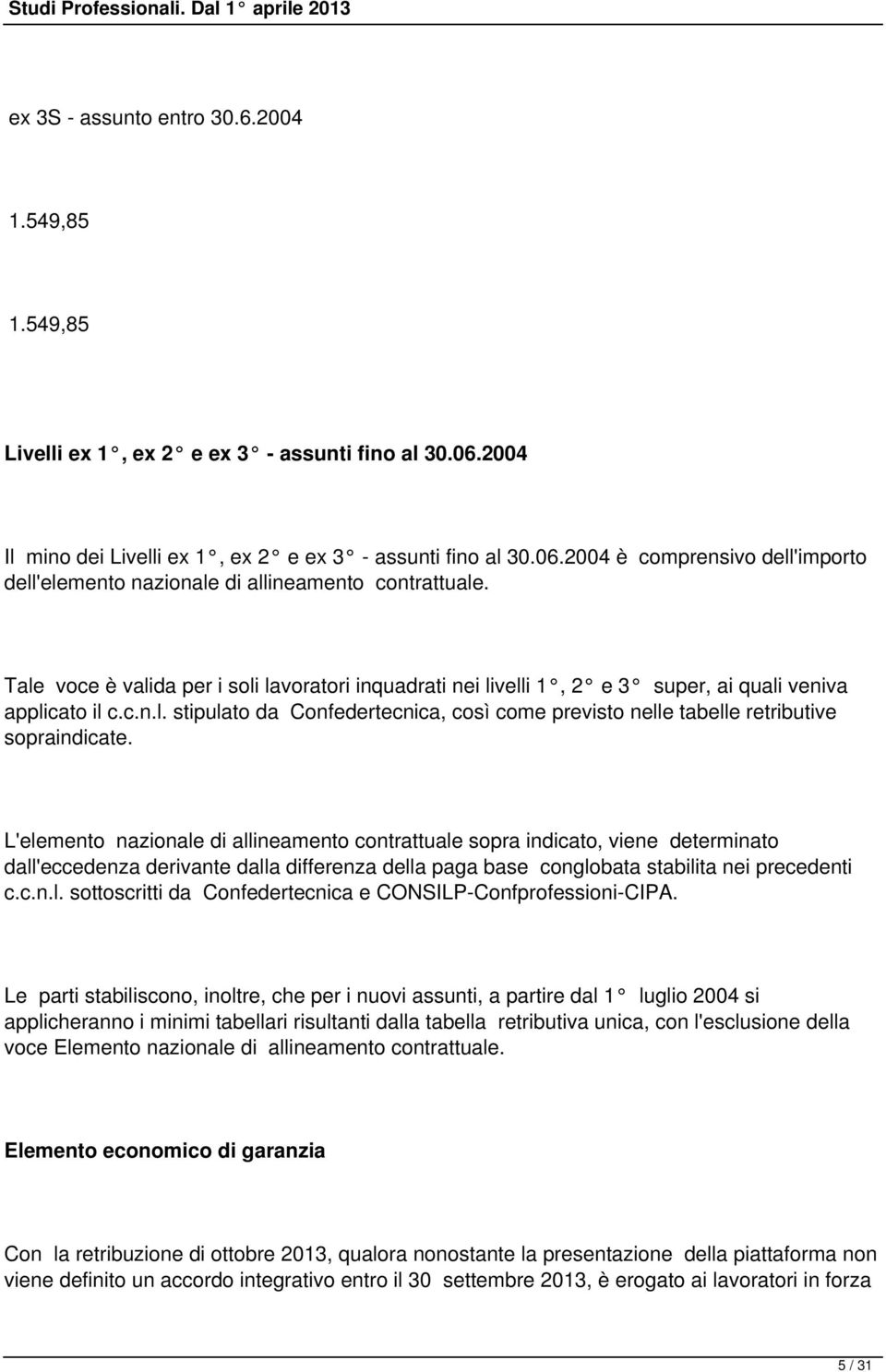 L'elemento nazionale di allineamento contrattuale sopra indicato, viene determinato dall'eccedenza derivante dalla differenza della paga base conglobata stabilita nei precedenti c.c.n.l. sottoscritti da Confedertecnica e CONSILP-Confprofessioni-CIPA.