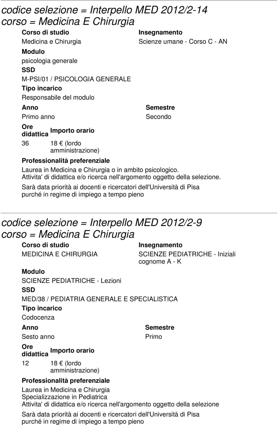 codice selezione = Interpello MED 2012/2-9 corso = Medicina E Chirurgia MEDICINA E CHIRURGIA SCIENZE PEDIATRICHE - Iniziali cognome A - K SCIENZE PEDIATRICHE