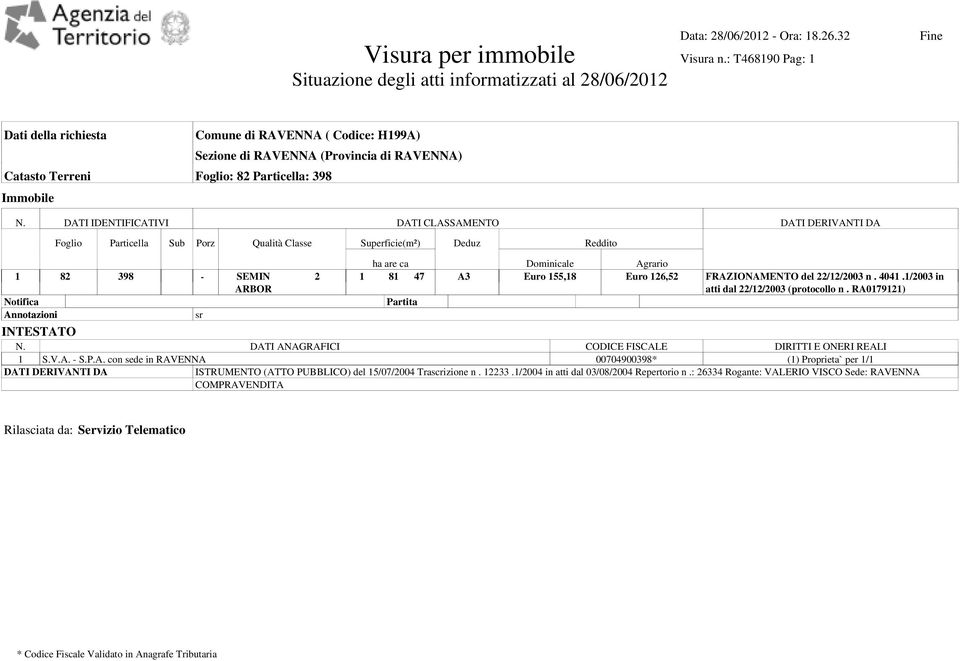 DATI IDENTIFICATIVI DATI CLASSAMENTO DATI DERIVANTI DA Foglio Particella Sub Porz Qualità Classe Superficie(m²) Deduz Reddito 1 82 398 - SEMIN ARBOR Notifica Annotazioni sr 2 1 81 47 A3 Euro 155,18