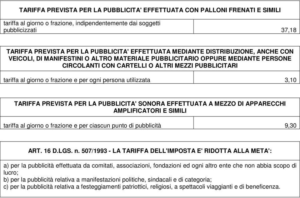 frazione e per ogni persona utilizzata 3,10 TARIFFA PREVISTA PER LA PUBBLICITA' SONORA EFFETTUATA A MEZZO DI APPARECCHI AMPLIFICATORI E SIMILI tariffa al giorno o frazione e per ciascun punto di