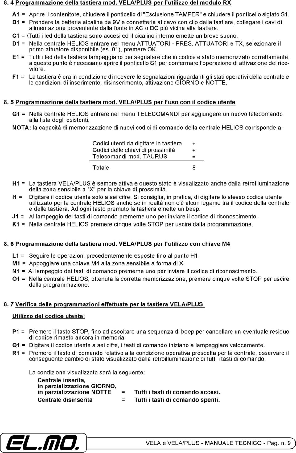 C1 = \Tutti i led della tastiera sono accesi ed il cicalino interno emette un breve suono. D1 = Nella centrale HELIOS entrare nel menu ATTUATORI - PRES.