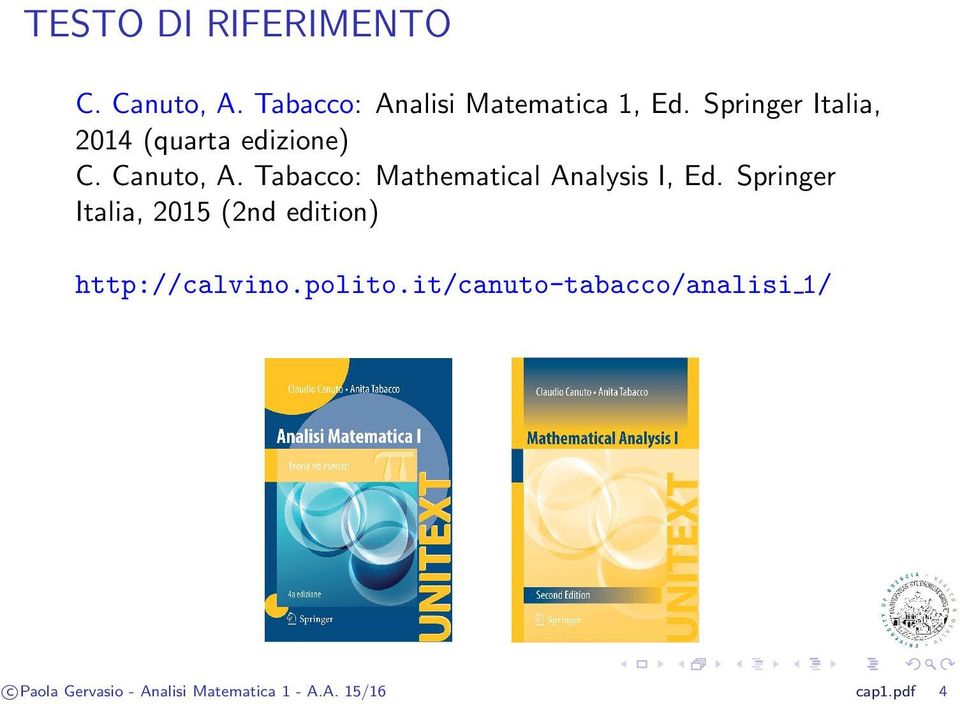 Tabacco: Mathematical Analysis I, Ed.