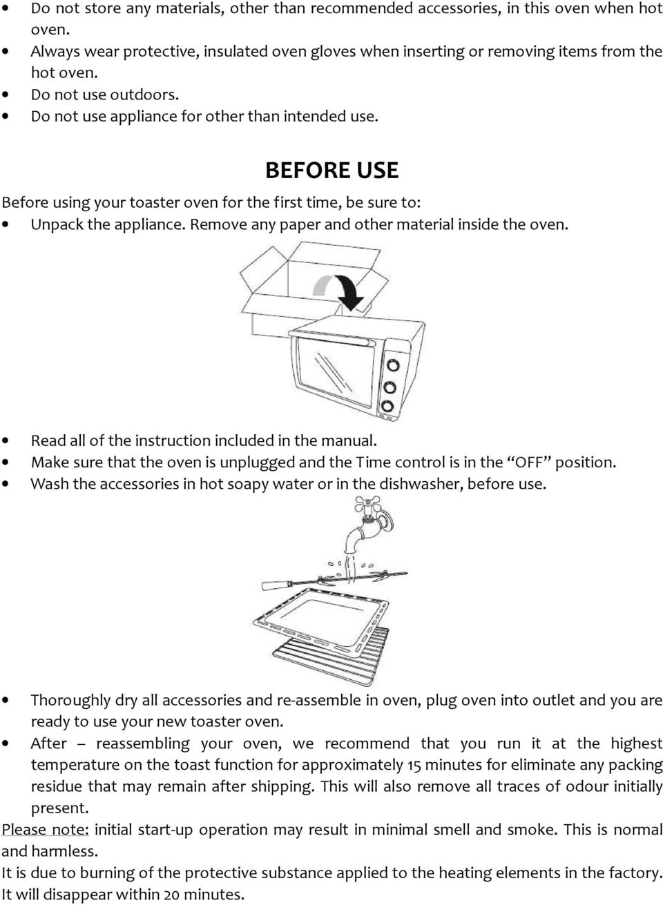 Remove any paper and other material inside the oven. Read all of the instruction included in the manual. Make sure that the oven is unplugged and the Time control is in the OFF position.