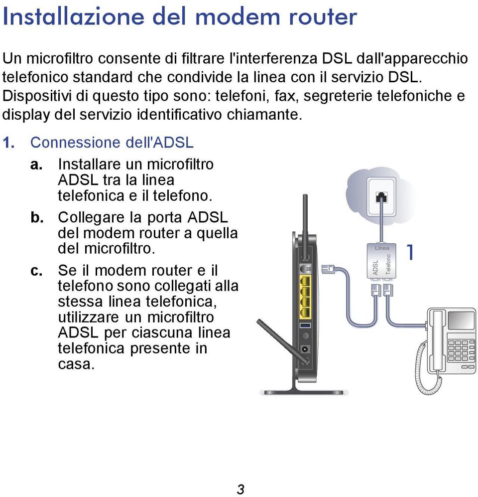 Connessione dell'adsl a. Installare un microfiltro ADSL tra la linea telefonica e il telefono. b.