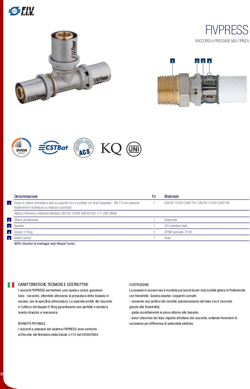 filettature UNI EN 10226 (UNI EN ISO 7/1) (DIN 2999) 2 Ghiera portabussola 1 Polyamide 3 ussola 1 304 stainless steel 1 UNI EN 12165 W617N / UNI EN 12164 W614N 4 Doppio O-Ring 2 EPDM peroxide 70 SH 5