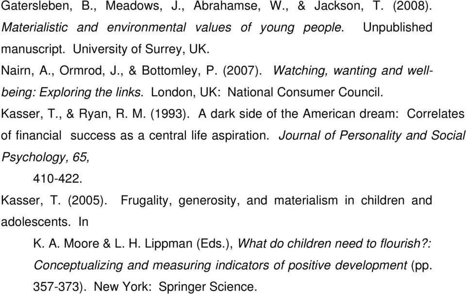 A dark side of the American dream: Correlates of financial success as a central life aspiration. Journal of Personality and Social Psychology, 65, 410-422. Kasser, T. (2005).