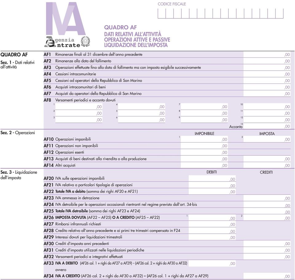 esigibile successivamente AF4 Cessioni intracomunitarie AF5 Cessioni ad operatori della Repubblica di San Marino AF6 Acquisti intracomunitari di beni AF7 Acquisti da operatori della Repubblica di San