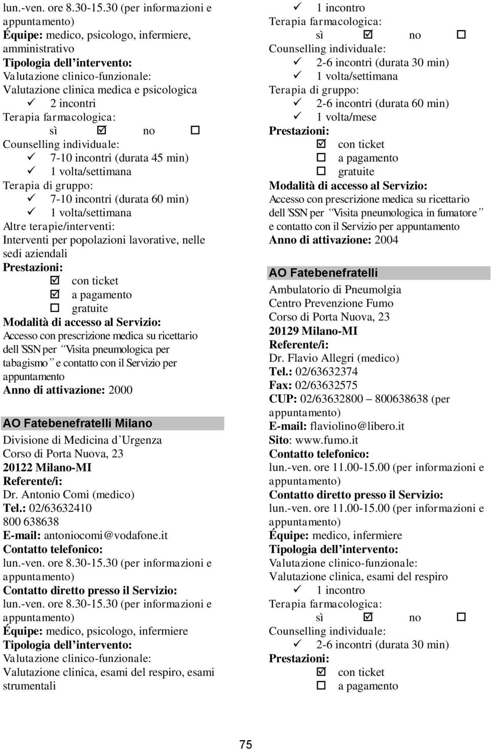 nelle sedi aziendali dell SSN per Visita pneumologica per tabagismo e contatto con il Servizio per appuntamento Anno di attivazione: 2000 AO Fatebenefratelli Milano Divisione di Medicina d Urgenza