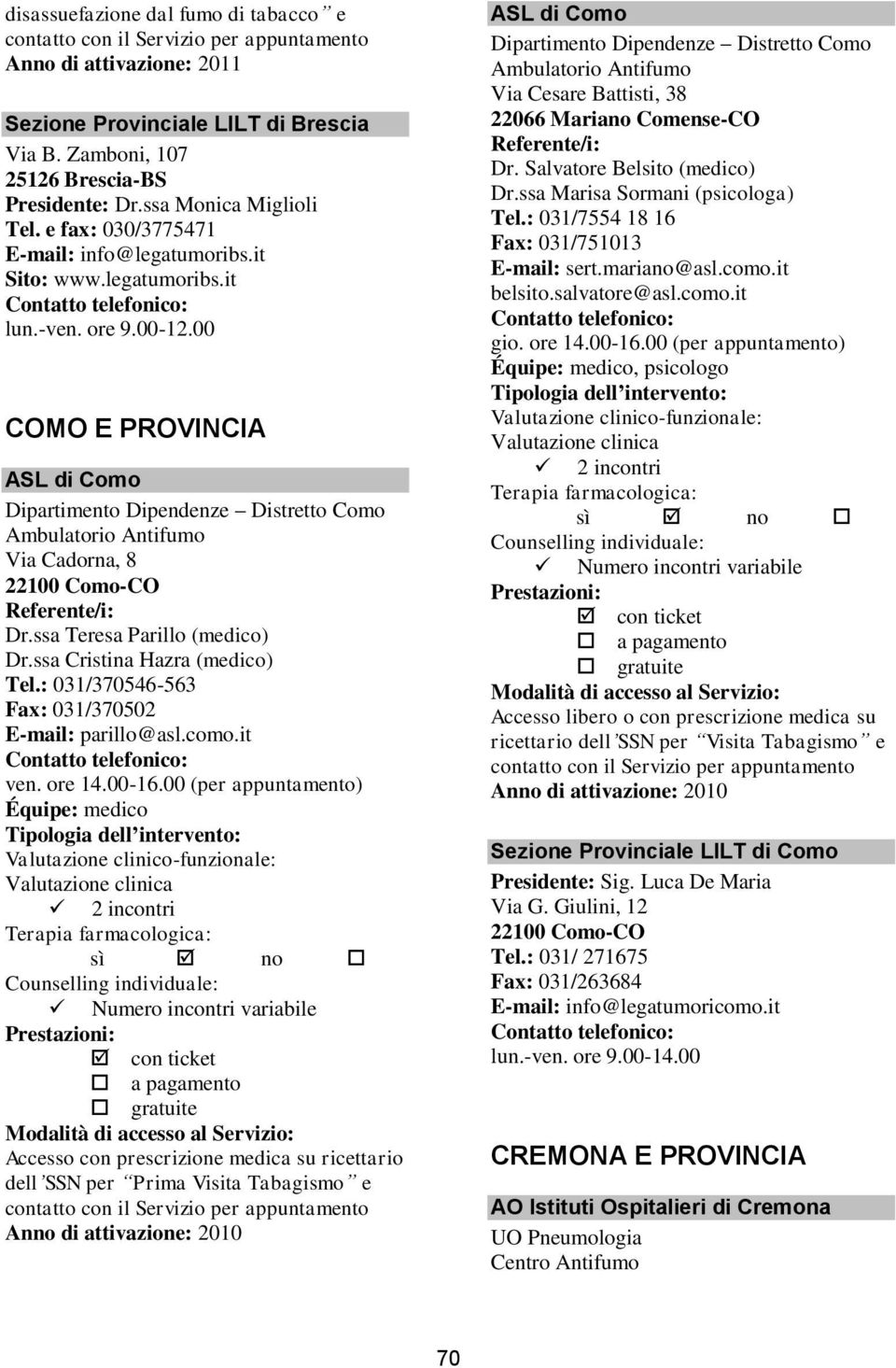 00 COMO E PROVINCIA ASL di Como Dipartimento Dipendenze Distretto Como Ambulatorio Antifumo Via Cadorna, 8 22100 Como-CO Dr.ssa Teresa Parillo (medico) Dr.ssa Cristina Hazra (medico) Tel.