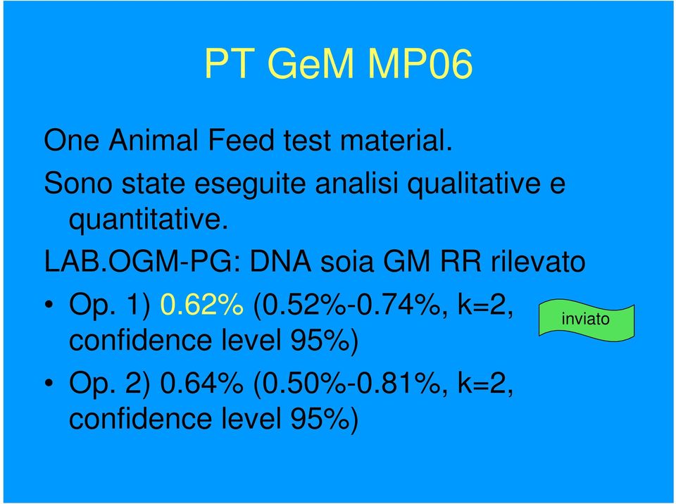OGM-PG: DNA soia GM RR rilevato Op. 1) 0.62% (0.52%-0.