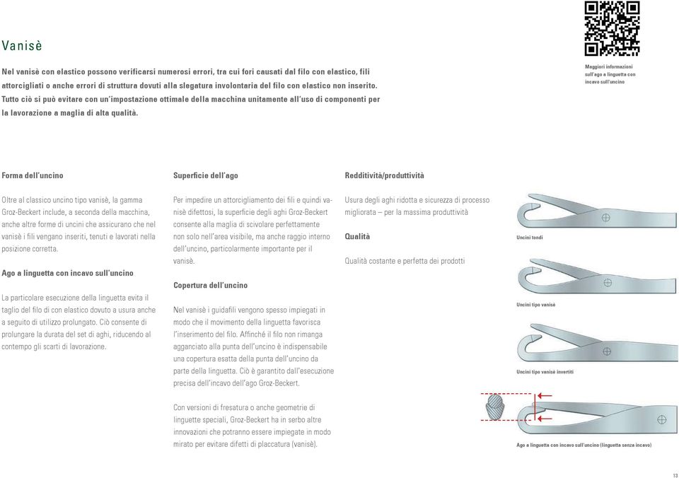 Maggiori informazioni sull ago a linguetta con incavo sull uncino Forma dell uncino Superficie dell ago Redditività/produttività Oltre al classico uncino tipo vanisè, la gamma Per impedire un