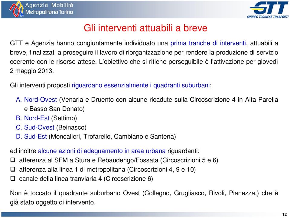 Gli interventi proposti riguardano essenzialmente i quadranti suburbani: A. Nord-Ovest (Venaria e Druento con alcune ricadute sulla Circoscrizione 4 in Alta Parella e Basso San Donato) B.