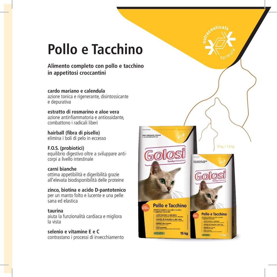 (probiotici) equilibrio digestivo oltre a sviluppare anticorpi a livello intestinale 15 kg / 1,5 kg carni bianche ottima appetibilità e digeribilità grazie all elevata biodisponibilità