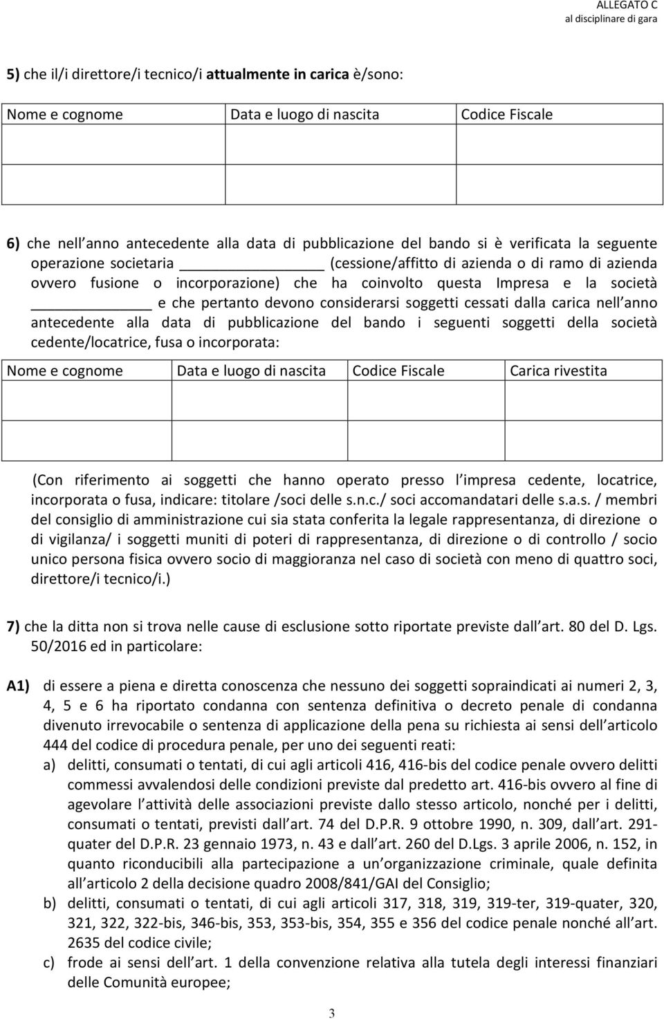 soggetti cessati dalla carica nell anno antecedente alla data di pubblicazione del bando i seguenti soggetti della società cedente/locatrice, fusa o incorporata: Nome e cognome Data e luogo di