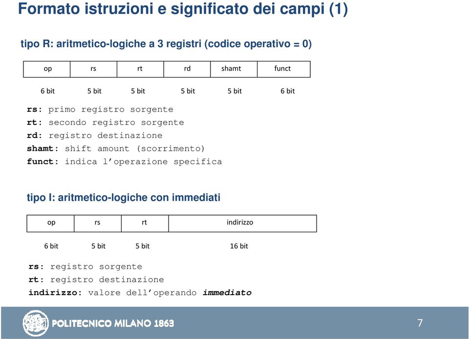 destinazione shamt: shift amount (scorrimento) funct: indica l operazione specifica tipo I: aritmetico-logiche con immediati